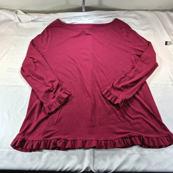 Loft Cranberry Ruffle Hem Long Sleeve T-Shirt Top Blouse Woman's Large - Picture 6 of 11